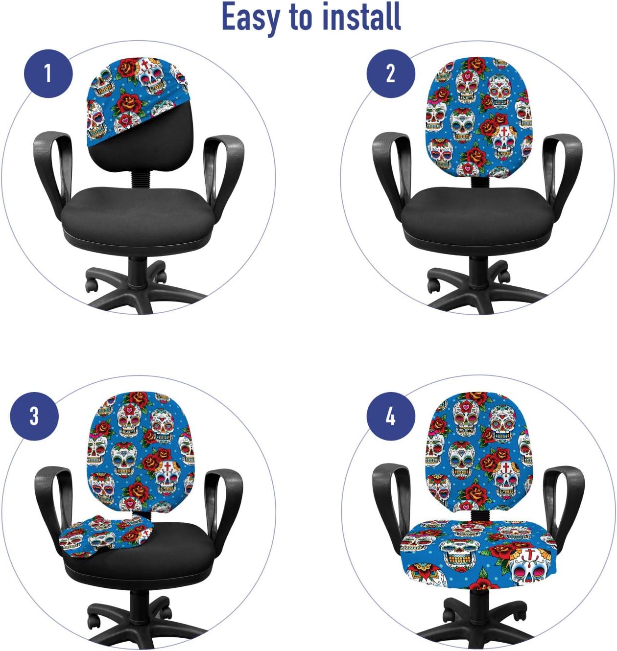 Ambesonne Sugar Skull Office Chair Slipcover, Pattern Skulls and Roses in Floral Mexican Style Ornaments Print, Protective Stretch Decorative Fabric Cover, Blue Red Ivory
