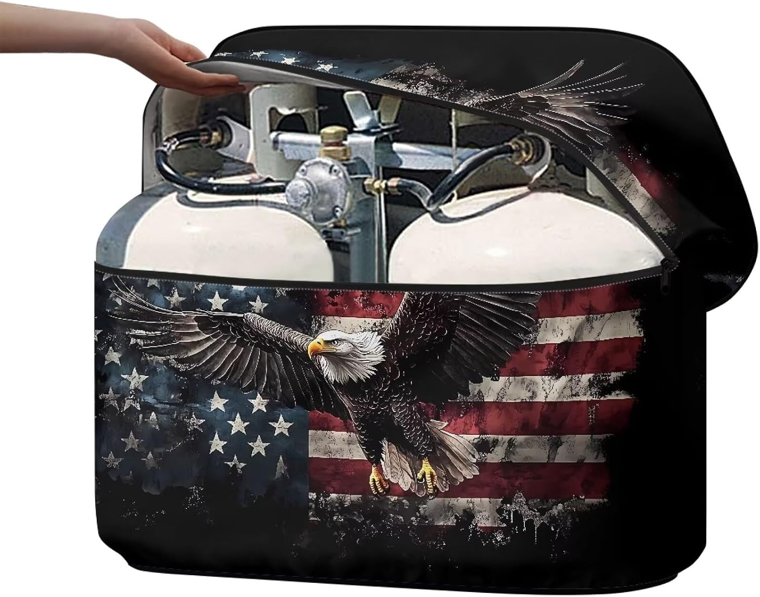 Generic Propane Tank Cover for Camper,RV Double Propane Gas Tank Protector Weather Resistant Gas Cylinder Cover Camper Accessories for Outdoors,American Flag Eagle Print, Large Size
