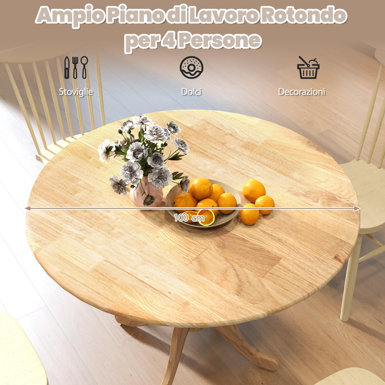 RELAX4LIFE Tavolo da Pranzo 100cm per 4 Persone, Tavolo Rotondo da Cucina in Legno di Gomma, con Gambe a Cavalletto Curve, Tavolino Moderno per Sala da Pranzo, Soggiorno, Carico 100kg (Naturale)