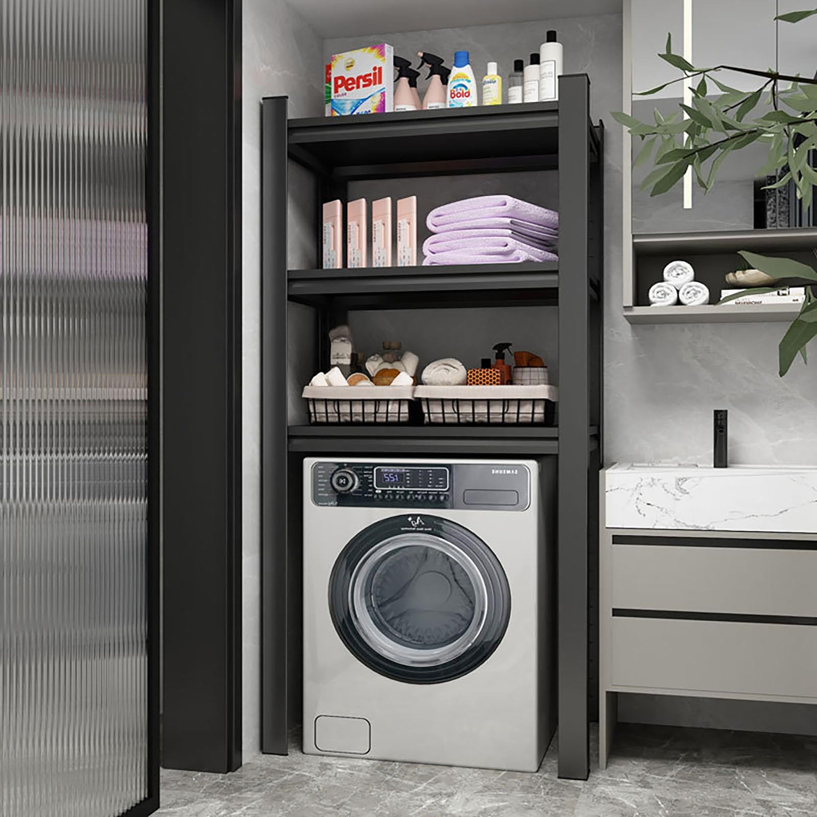 Over Washer And Dryer Storage Shelf, Dryer Stand Height Adjustable Portable Stacking Kit For Washing Machine Tumble Dryer, Washing Machine Storage Rack, Space Saving, Easy To Install(Black,90x40x160cm