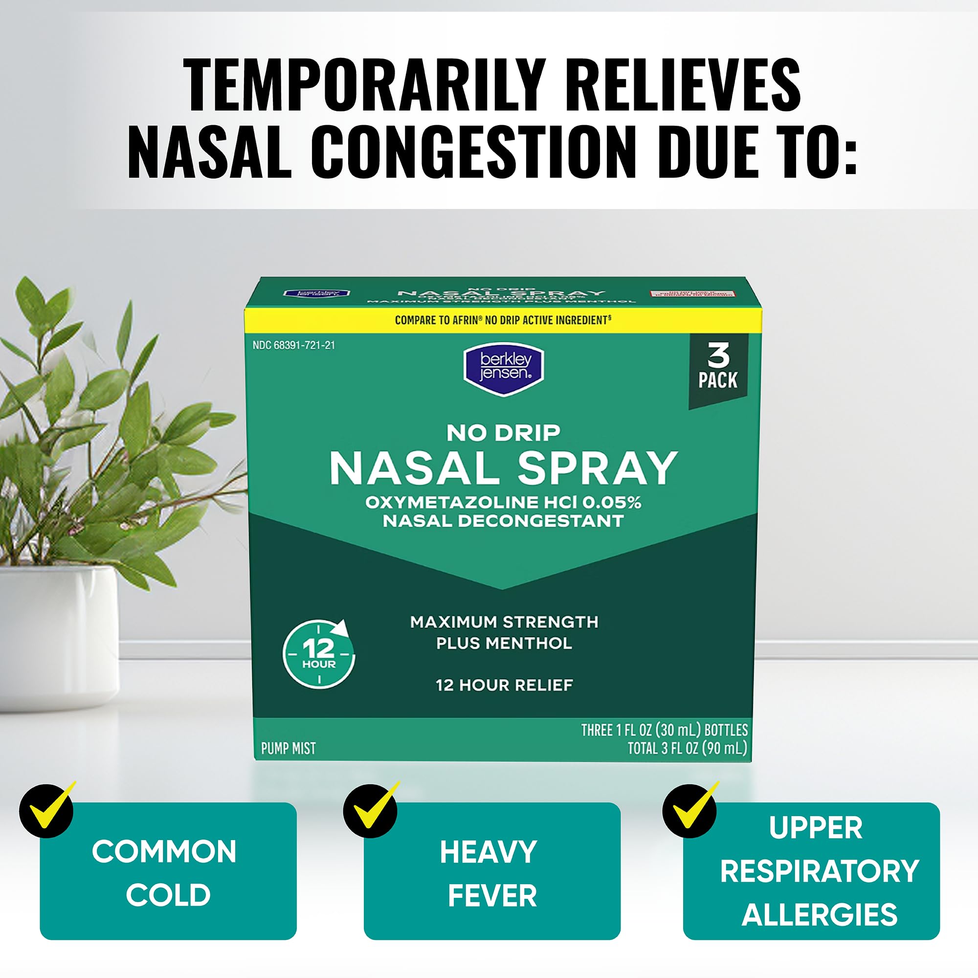 Berkley Jensen No Drip Severe Congestion Nasal Spray - Maximum Strength Decongestant with Oxymetazoline HCl & Menthol - Pump Mist Applicator, No Steroid, 12 Hour Relief, 1 Fluid Ounce (Pack of 3) — Amazon image 6