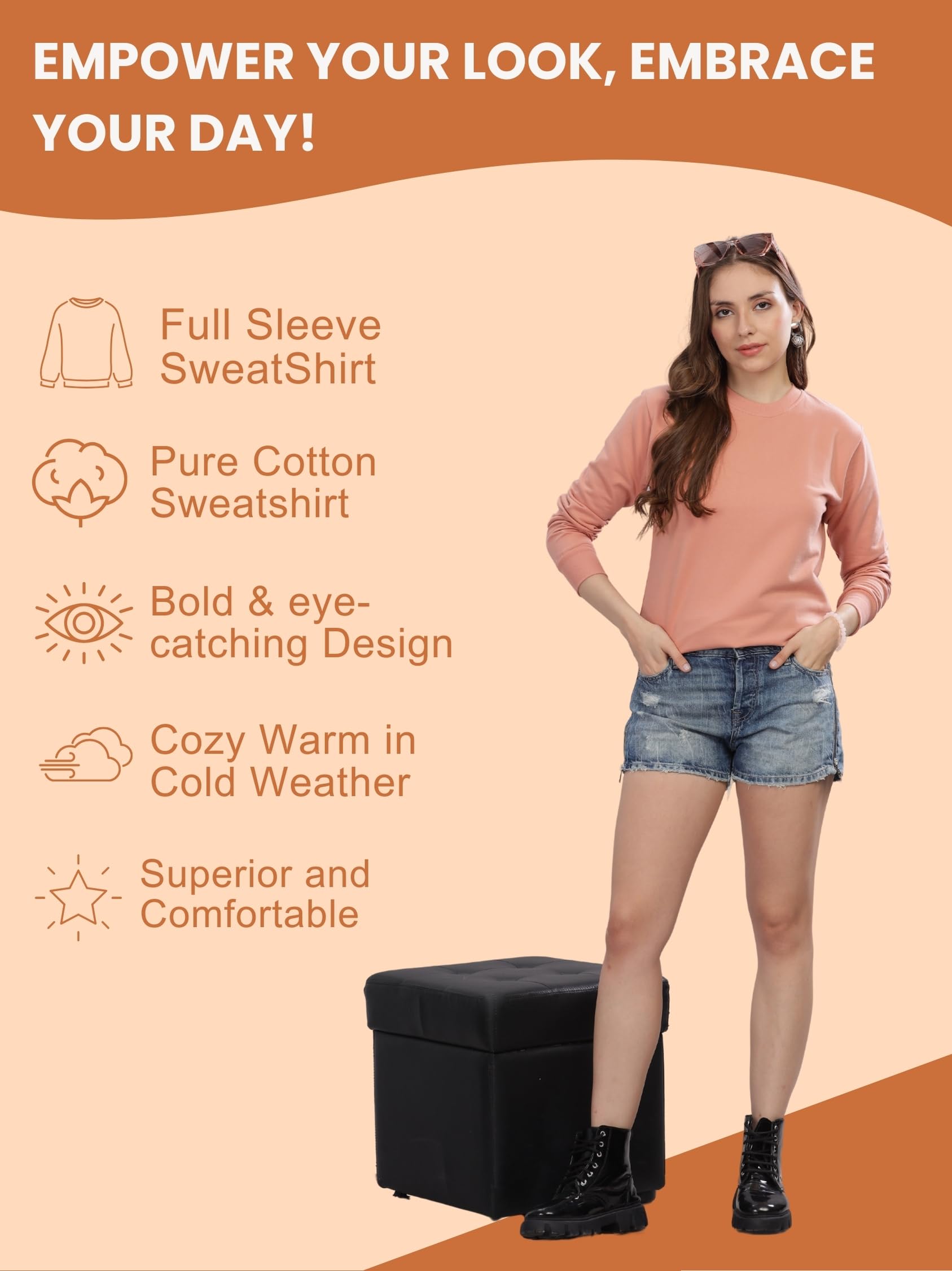 FALTU.CO Sweatshirt for Women Winter Wear Full Sleeve Stylish & Cozy Regular Fit, Solid, Outdoor, Gym, Travel & Everyday Wear | Peach | 2