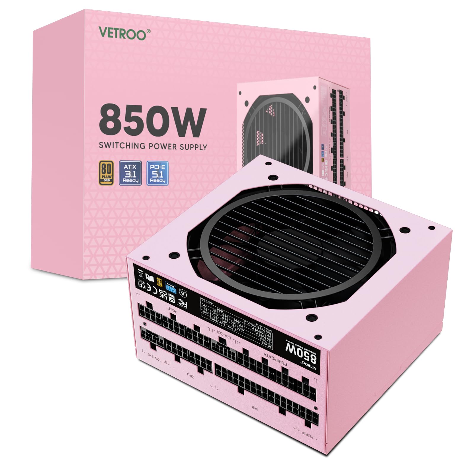 Vetroo 850W Power Supply Dual PCIe 5.1 ATX 3.1 Ready, 80 Plus Gold Full Modular, Quiet Operation with 120mm FDB Fan, 10-Year Warranty -Pink