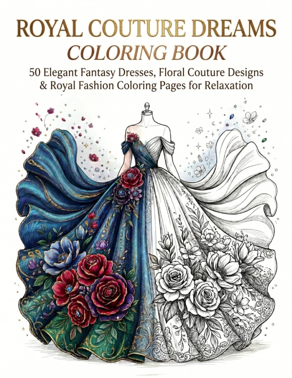 Royal Couture Dreams Coloring Book: 50 Elegant Fantasy Dresses, Floral Couture Designs & Royal Fashion Coloring Pages for Relaxation