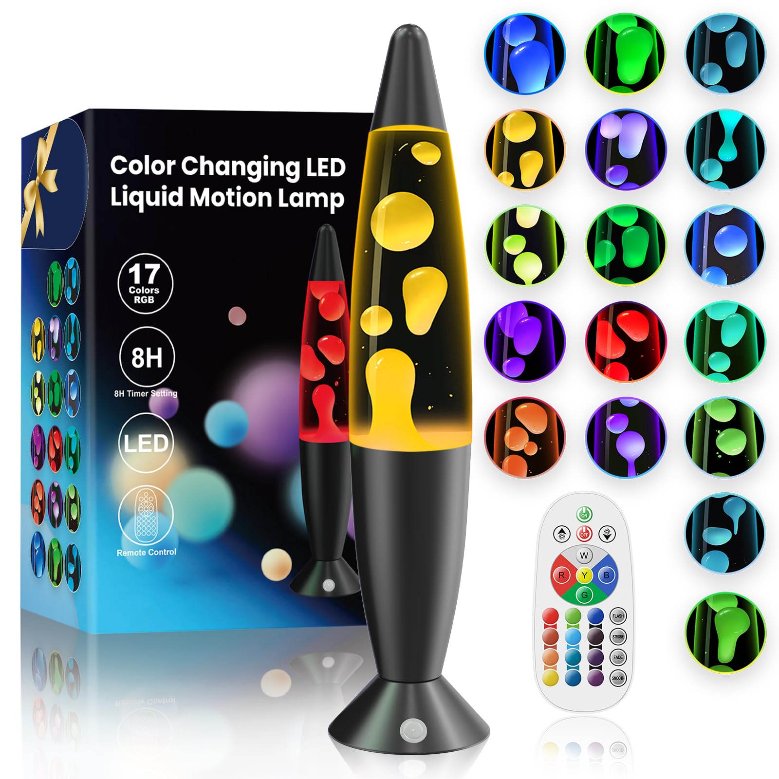LED Liquid Motion Lamps 17 Colors Multi Color Changing Table Lamp for Kids Adults Bedroom Office Decor, 16 Inch Large Black Relax Night Light Sensory Mood Nightlight with 8H Timing