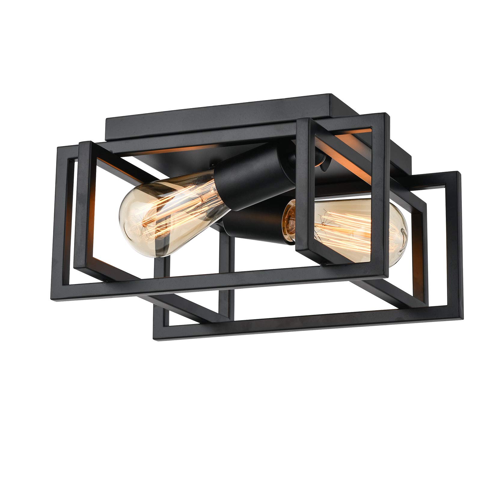 2-Light Semi Industrial Ceiling Light | Rectangle Flush Mount Ceiling Light Fixtures with Black Finish Metal Cage Shade | Suitable for Kitchen, Hallway, Foyer, Entryway, Balcony Living Room