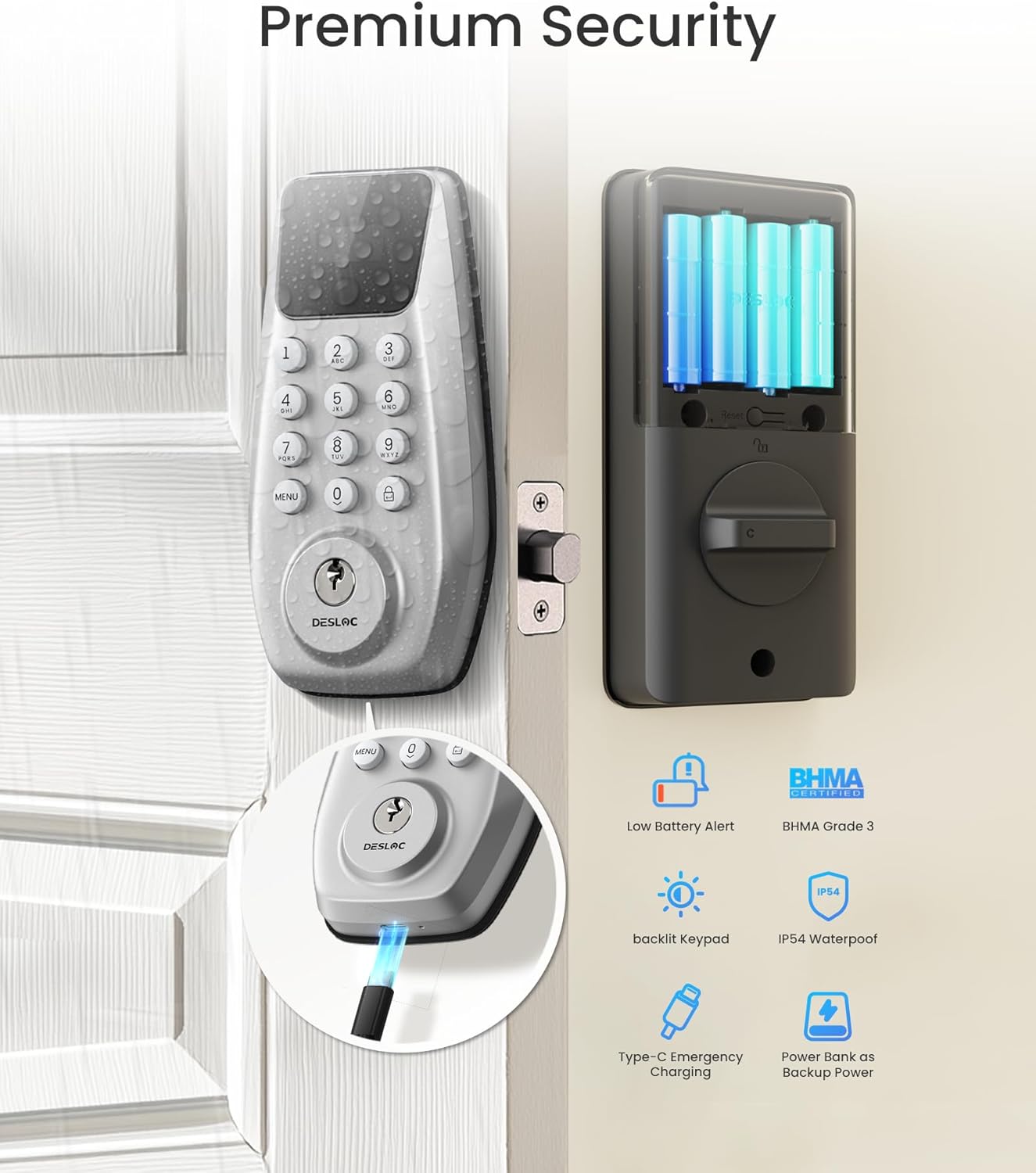 DESLOC C100 Plus Built-in WiFi Smart Lock, Keyless Entry Door Lock with Display, Keypad Deadbolt for Front Door, App Remote Control, Anti-Peeping Password, BHMA Grade 3, Silver