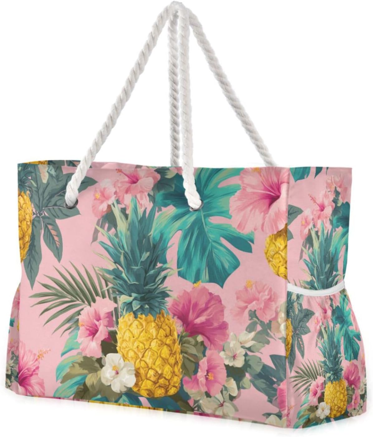 OTVEE Pattern with Pineapples and Hibiscus Beach Bags for Women Ladies Large Canvas Tote Shoulder Bag Waterproof Travel Bags for Gym Swim Pool Camping
