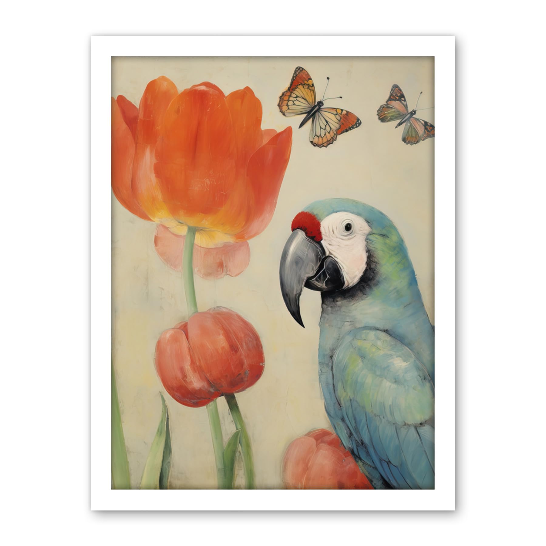 Artery8 Parrot and Tulips Flowers Butterflies Pastel Colour Artwork Floral Spring Oil Painting Artwork Framed Wall Art Print 18X24 Inch