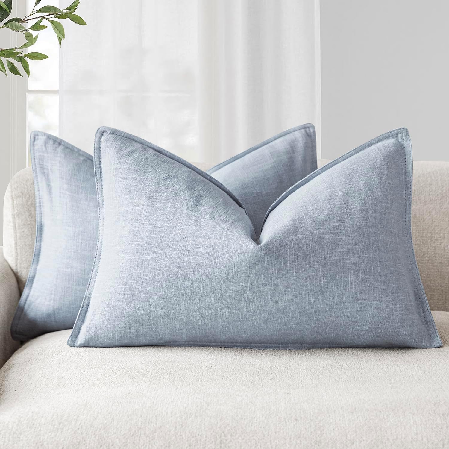 Foindtower Pack of 2, Decorative Linen Soild Throw Pillow Covers Soft Accent Lumbar Cushion Case Boho Farmhouse Pillowcase for Chair Couch Sofa Bedroom Living Room Home Decor 12 x 20 Inch Sky Blue