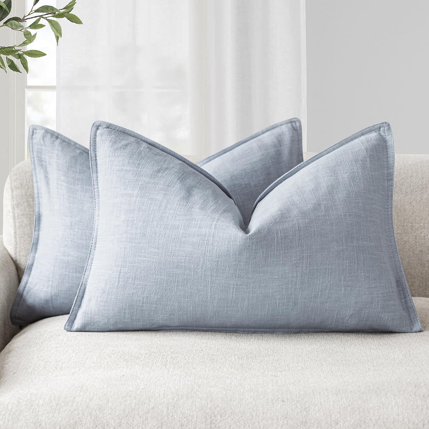 Foindtower Pack of 2, Decorative Linen Soild Throw Pillow Covers Soft Accent Lumbar Cushion Case Boho Farmhouse Pillowcase for Chair Couch Sofa Bedroom Living Room Home Decor 12 x 20 Inch Sky Blue