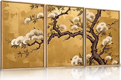 Lienzo enmarcado de flor de ciruelo vintage, decoración de pared blanca dorada neutra, obra de arte retro de flores silvestres, impresión moderna de