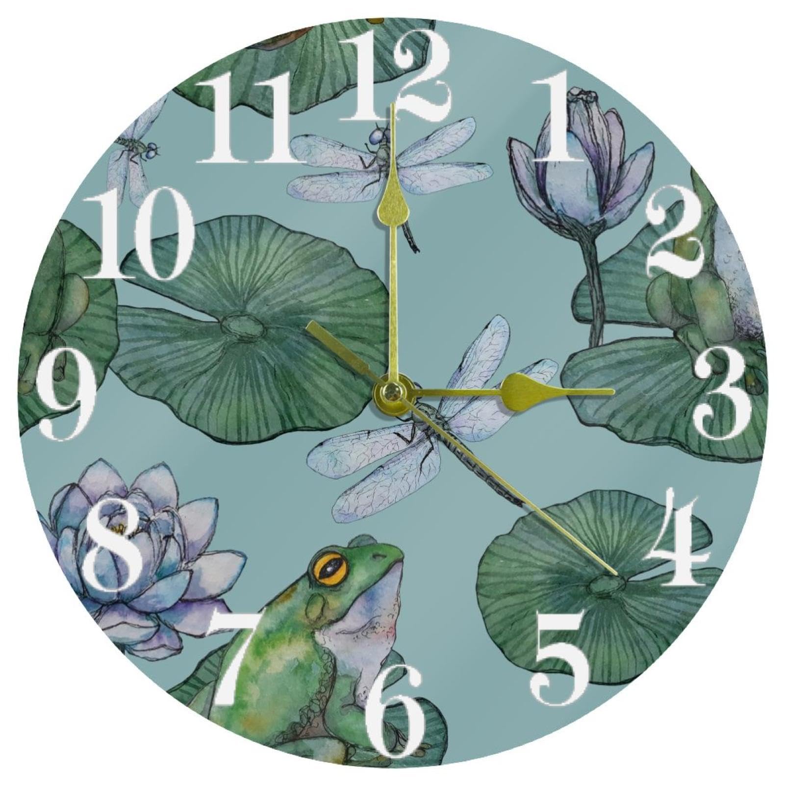 Horloge murale grenouille et nénuphars silencieuse à quartz ronde pour maison et bureau