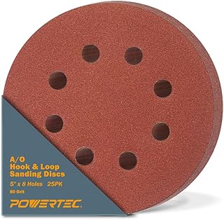 POWERTEC 45008 5 Inch 8 Hole Hook and Loop Sanding Discs, 80 Grit, 25 PK, Sandpaper for Random Orbital Sanders