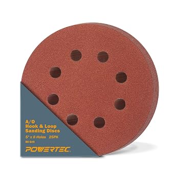 POWERTEC 25PK, 80 Grits, Sanding Discs 5 Inch - Hook and Loop, 5 Inch 8 Hole Aluminum Oxide Sandpaper Discs, Woodworking Sanding Pads for Random Orbital, Palm, Air, DA & Pneumatic Sander 45008
