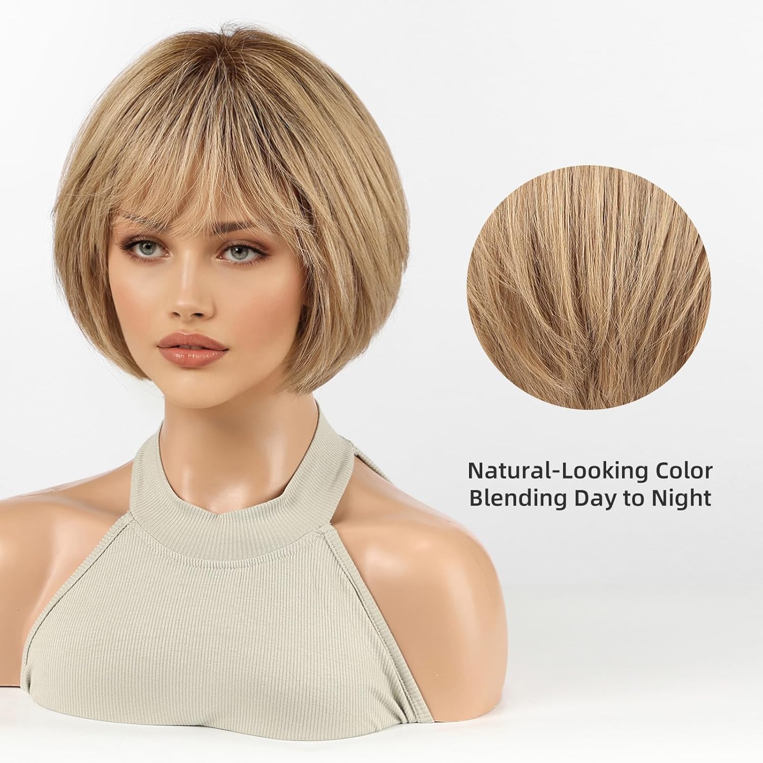 10 Inch Human Hair Wig with Bangs for Women – Short Bob Real Hair Wig, Ombre Ash Blonde, Soft & Natural for Everyday Wear