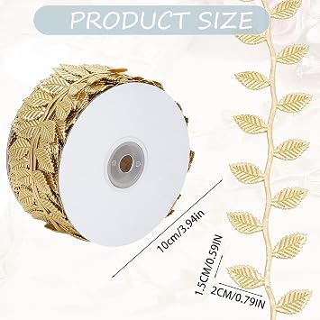 20 Yards Gold Leaf Ribbon, Artificial Golden Leaf Trim Metaillic Embroidery Vine Trims, Decorative Ribbons for Sewing Cake Fringe Wedding Bridal Dress