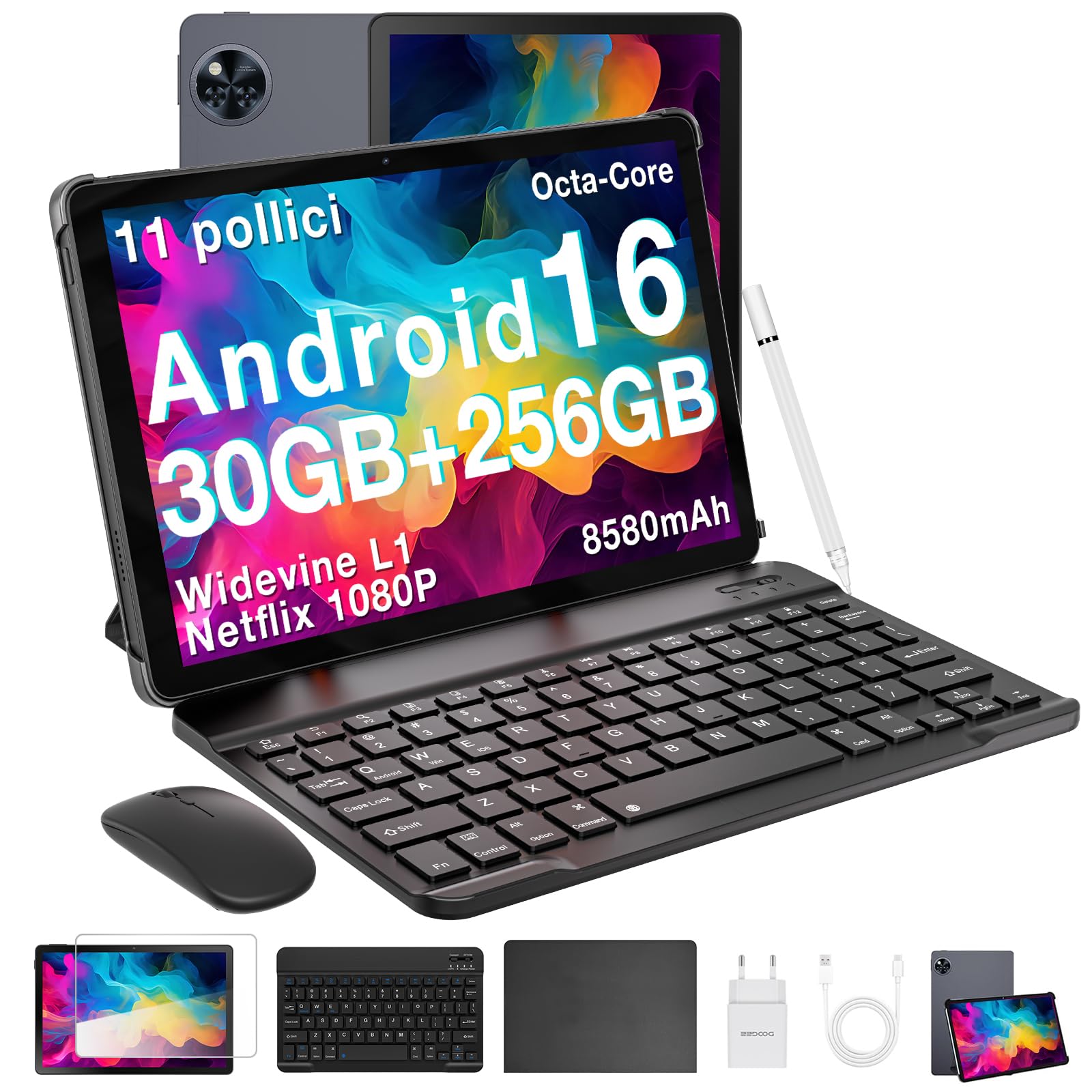 DOOGEE U11 PRO 2025 Tablet Android 16 Gemini AI, 30GB+256GB/2TB Tablet con Tastiera, 8580mAh 7.9mm Thin, T7200 Octa Core Tablets con Penna, 90Hz 1080P Tablets 11 Pollici, Widevine L1/Mouse/Case