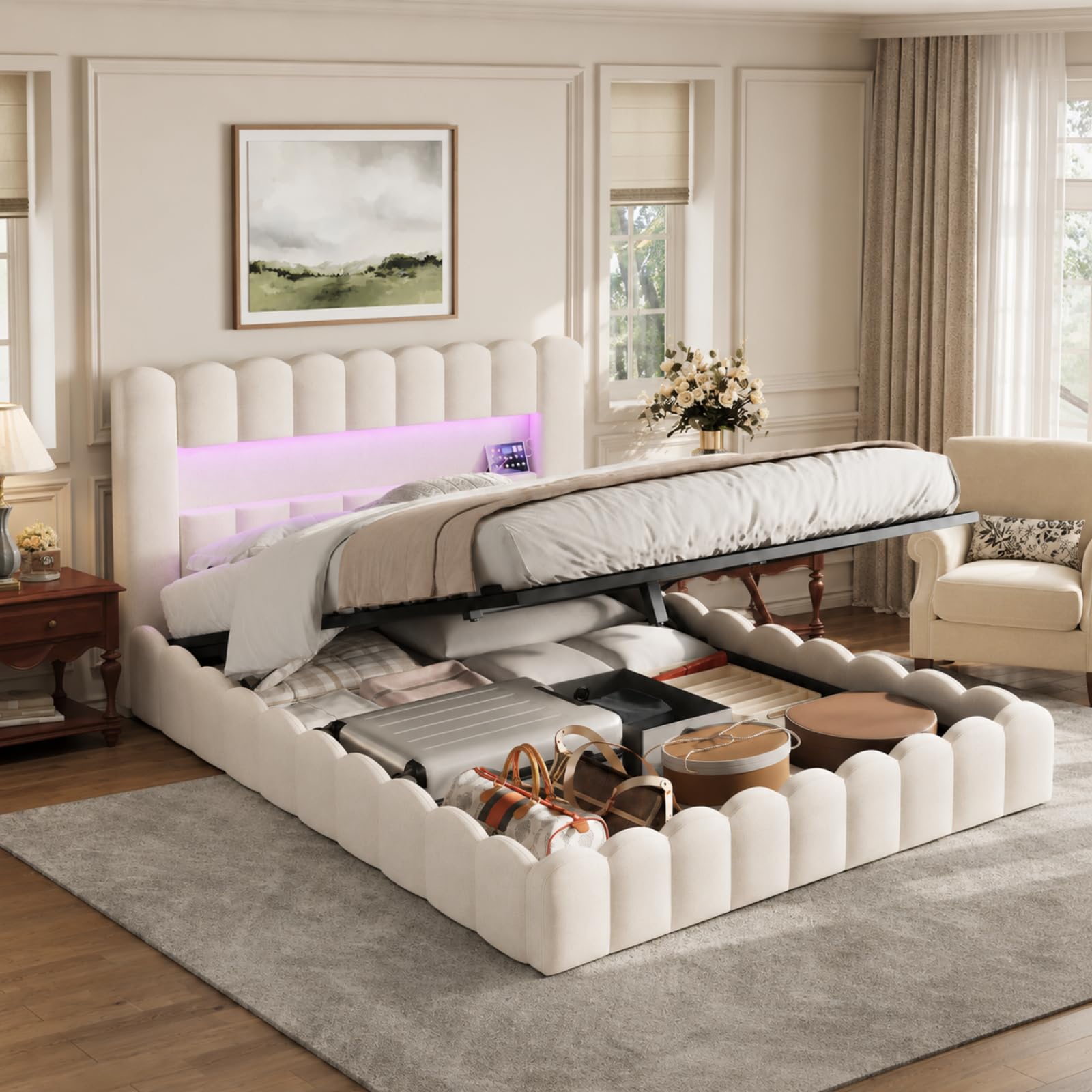 Fofetbfo Lit Coffre 140X200 cm, Bubble lit Double rembourré avec éclairage LED et Type-C et USB, LIt Capitonné avec Rangement, Cadre de lit hydraulique avec sommier à Latte, Lin (Beige, 140 x 200 cm)
