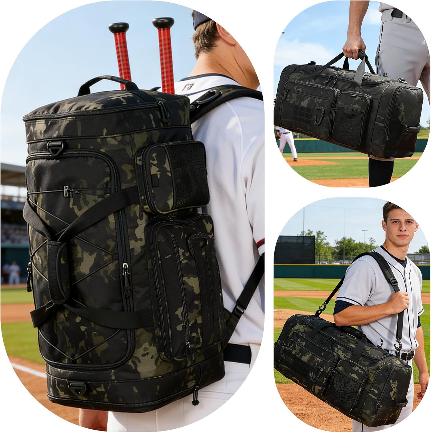 TUGUAN Large Baseball Softball Duffle Bag, 3 in 1 Baseball Equipment Duffel Backpack for Adult Youth, 65L Bat Bag with Shoes Compartment - 2 Bat Sleeves Fence Hook Hidden Dual Straps