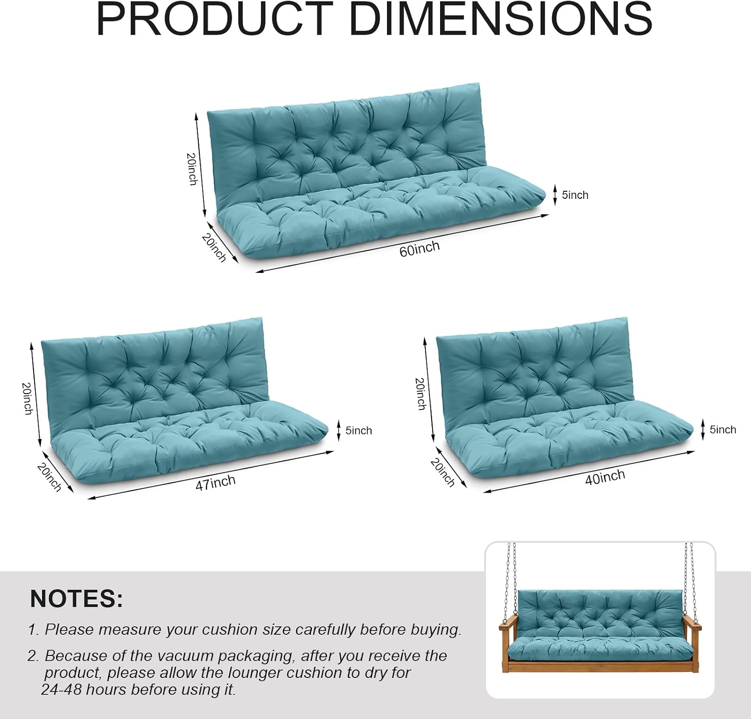 porch swing cushions, outdoor swing replacement cushions 3 seater with backrest, waterproof bench cushion with ties,for patio,porch, garden,backyard lake blue 40x 40 inches