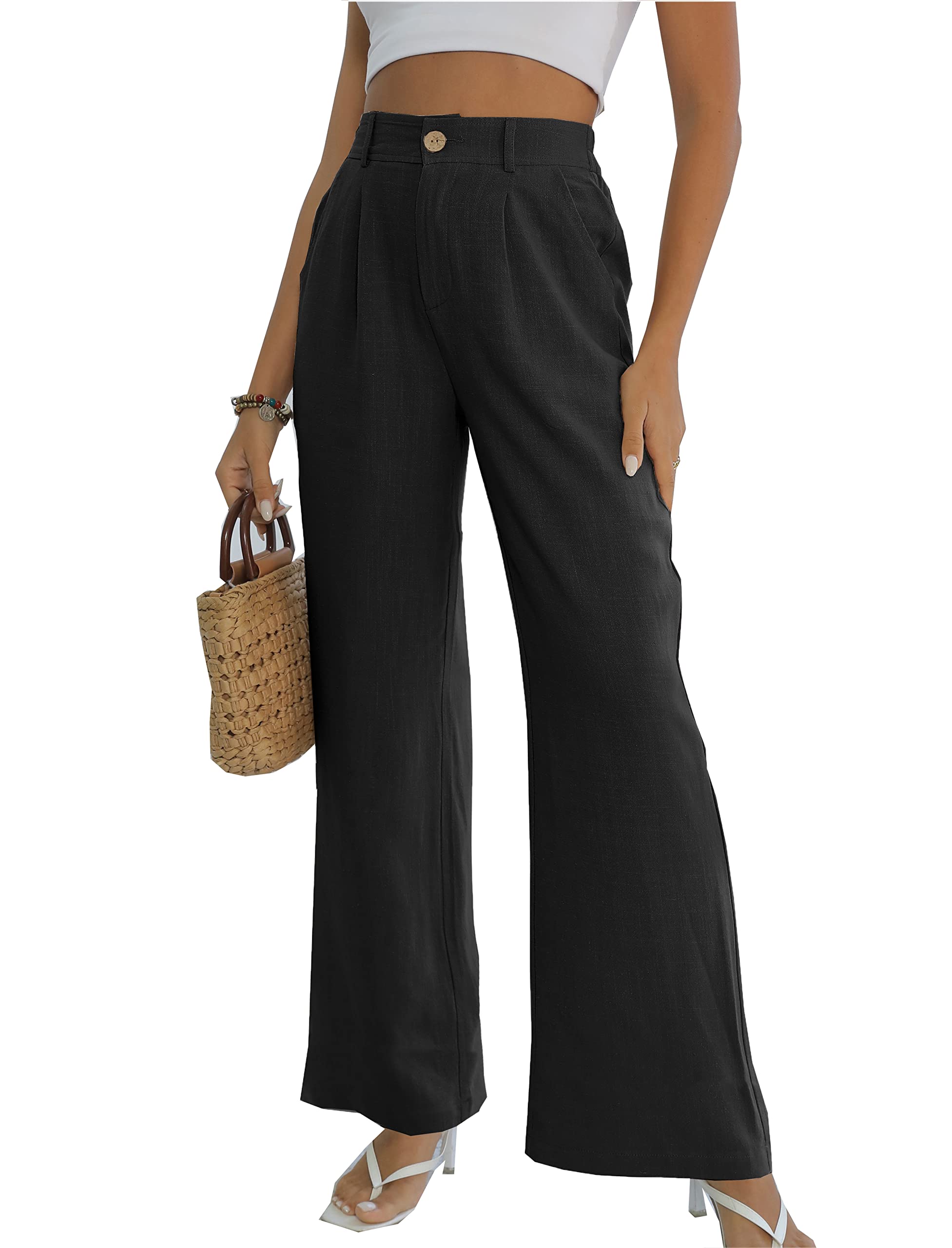 Fakanhui Womens Cotton Linen Wide Leg Pants High Elastic Waist Casual Business Work Trousers