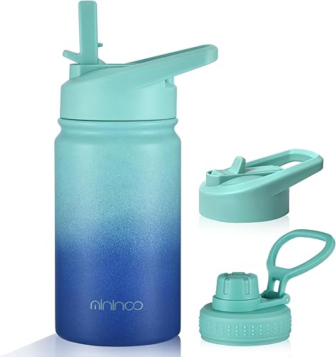 Miniatura 1 de Mininoo Botella de agua aislada para niños, botella de agua de acero inoxidable de 12 onzas con tapa con popote y tapa para beber para niñas y niños