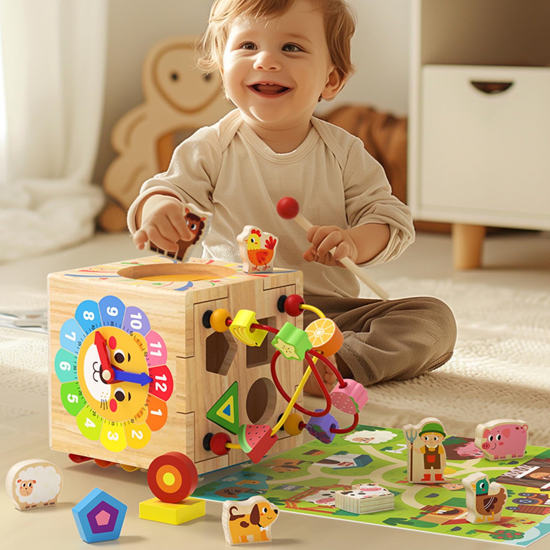Cubo di attività in Legno: 1 Set 6 in 1 attività Multifunzionale per Bambini, apprendimento educativo, sensoriale, Vacanze per Bambini
