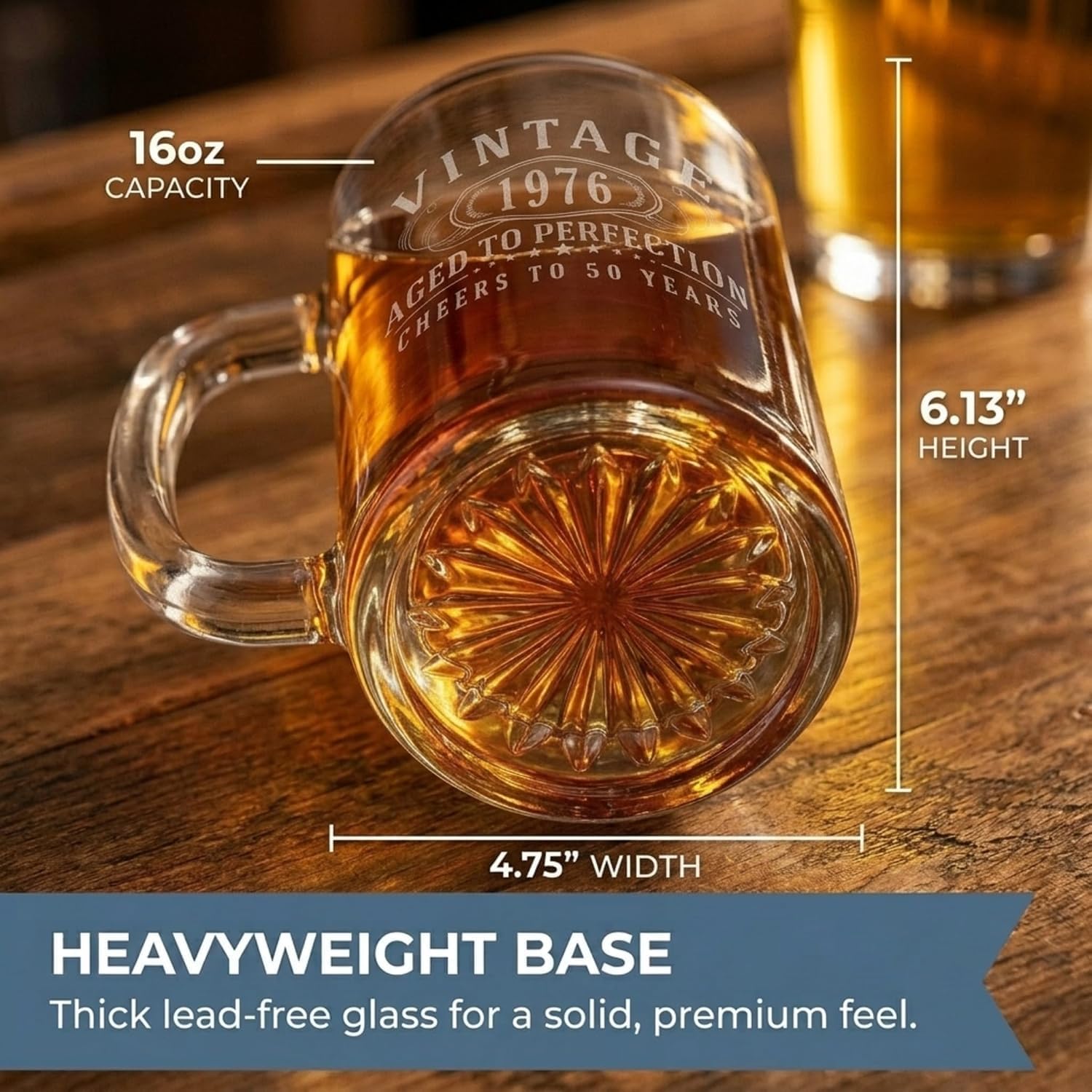 Vintage 1976 Etched 16oz Glass Beer Mug Stein - Happy 50th Birthday Gifts for Him Women, Men Cheers to Turning 50 Year Old Man Decoration Decor, Anniversary Bday Party Supplies Favors 1.0