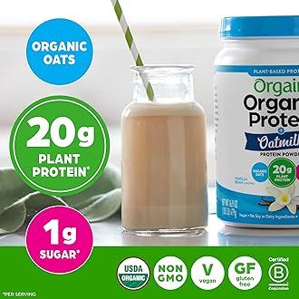 Orgain Organic Vegan Protein Powder + Oat Milk, Vanilla Bean - 20g Plant Based Protein, Gluten Free, No Dairy, Soy or Lactose Ingredients, Low Sugar, Non-GMO, Kosher, For Shakes & Smoothies - 1.05lb