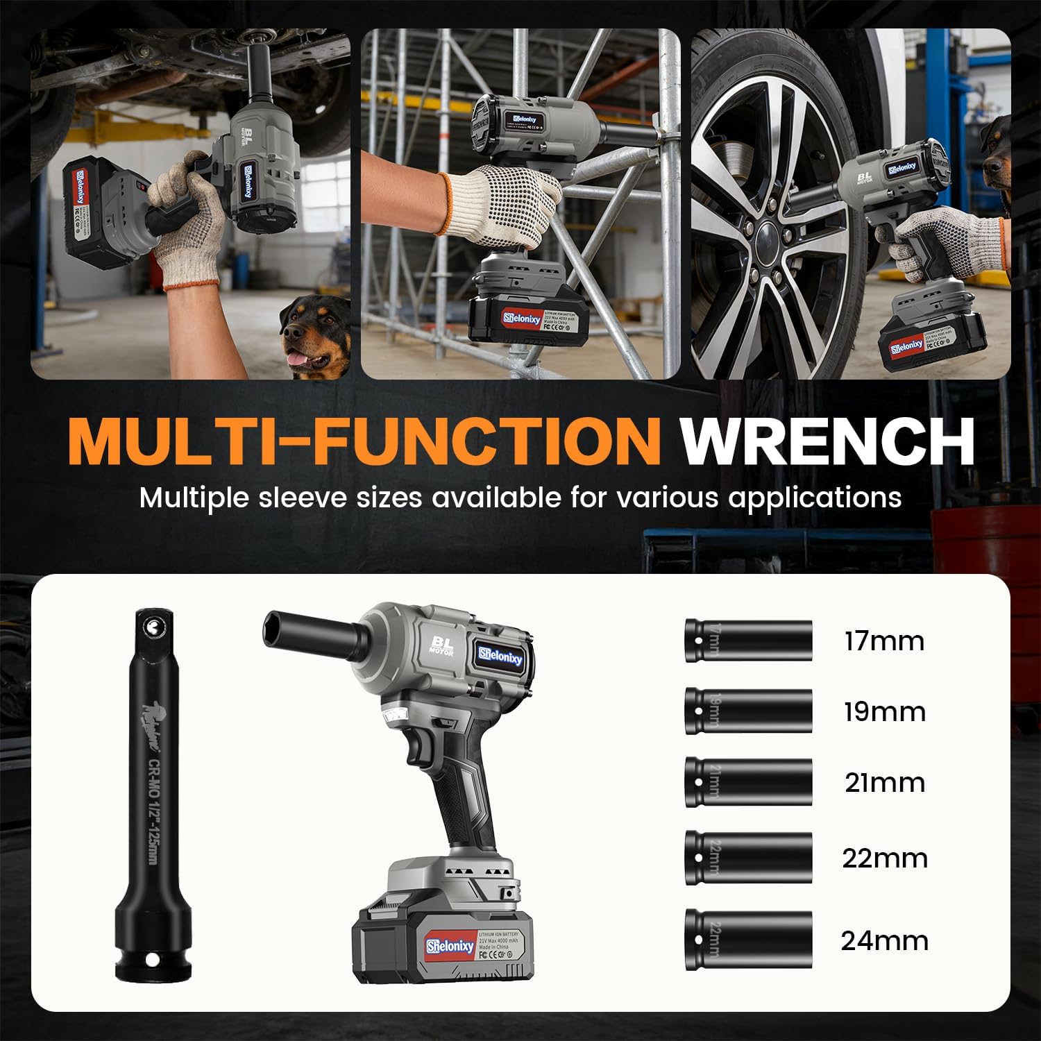 Cordless Impact Wrench 1/2 inch, impact wrench 1500N.m(1106ft-lbs), 1/2 electric impact wrench, impact gun, 2x21V 4.0Ah Batteries, 5 Sockets for Truck/SUV Repair & Garage DIY