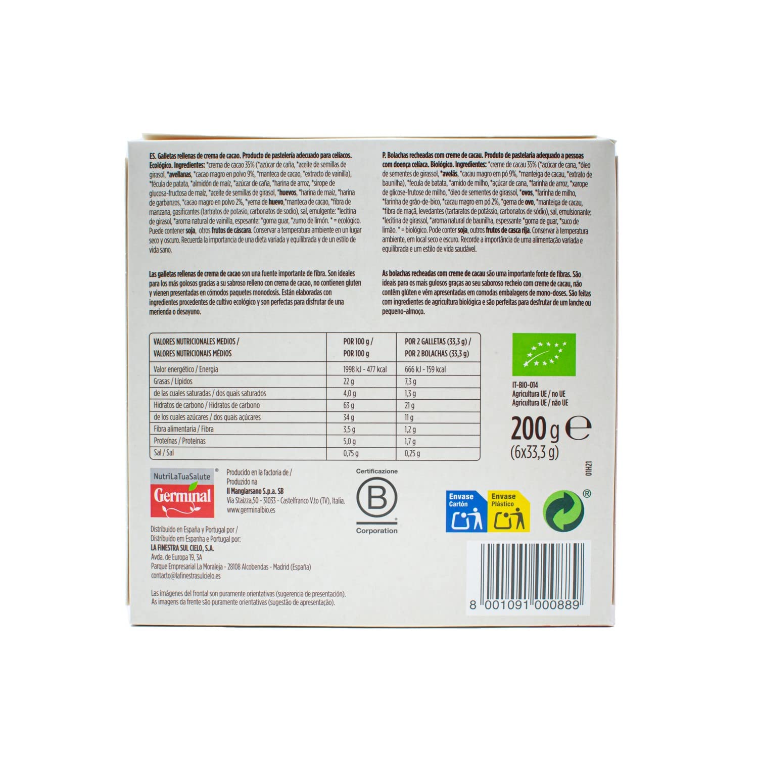 Galletas sin gluten rellenas de crema de cacao bio - GERMINAL - 200g, Pack of 10