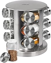 STONELINE Spice Rack Standing with 12 Spice Jars, Stainless Steel Glass Spice Carousel 360° Rotating Spice Organiser Spice Rack Round Spice Jars Spice Shaker with Labels, Storage Kitchen Accessories