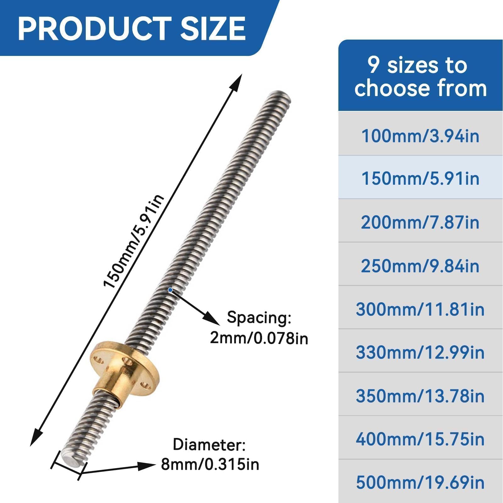 Tige De Vis T8 De 8 Mm, Tige Filetée Trapézoïdale En Acier Inoxydable, Accessoires D'imprimante 3D Avec Kit D'écrou En Laiton Pour Imprimante 3D(150mm)