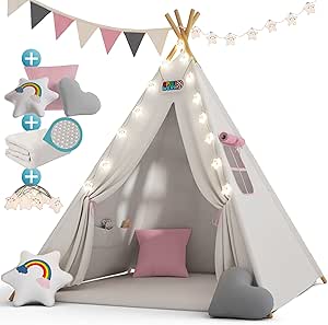 Spielwerk® Tipi Zelt für Kinder Indoor 130x130cm Set mit Bodenmatte Beige Rosa Kinderzelt Lichterkette Girlande Kissen Spielzelt Baumwolle Holz Tasche