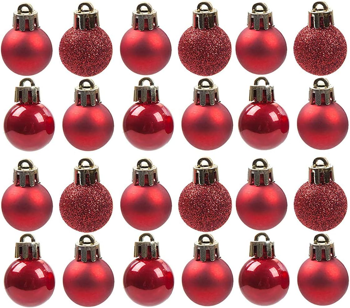 MUQU® Pack Of 24 Red Baubles - 3cm - Shiny Matte & Glitter Design - Shatterproof Christmas Ornaments Set, Reusable Xmas Tree Decorations (Red, 24 Pack)