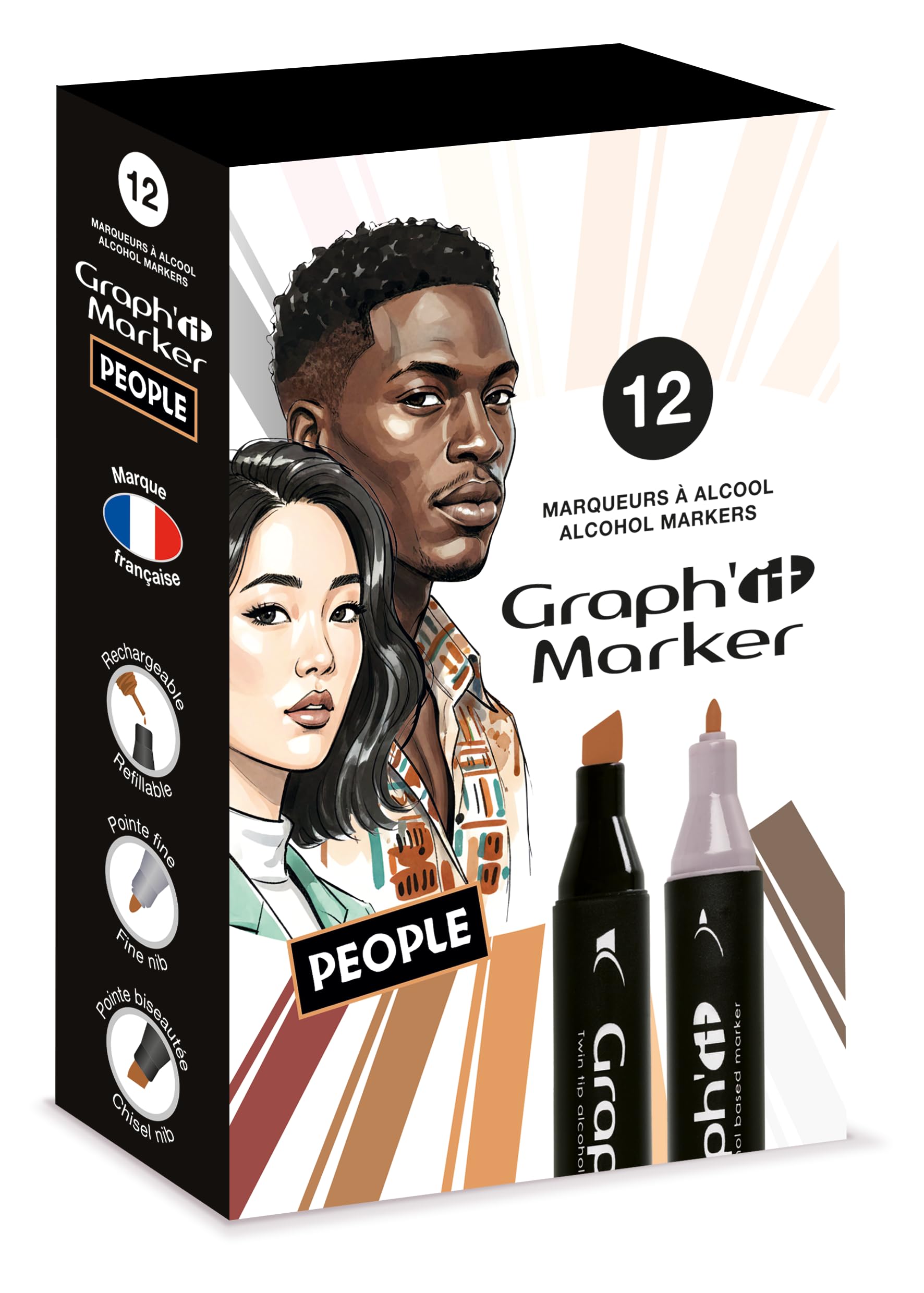 Graph'it - Set de 12 Marqueurs à Alcool Double Pointe : Fine et Biseautée pour Dessin de Manga, Illustration, Colorant, Esquisse, Écriture - Rechargeables - Set People