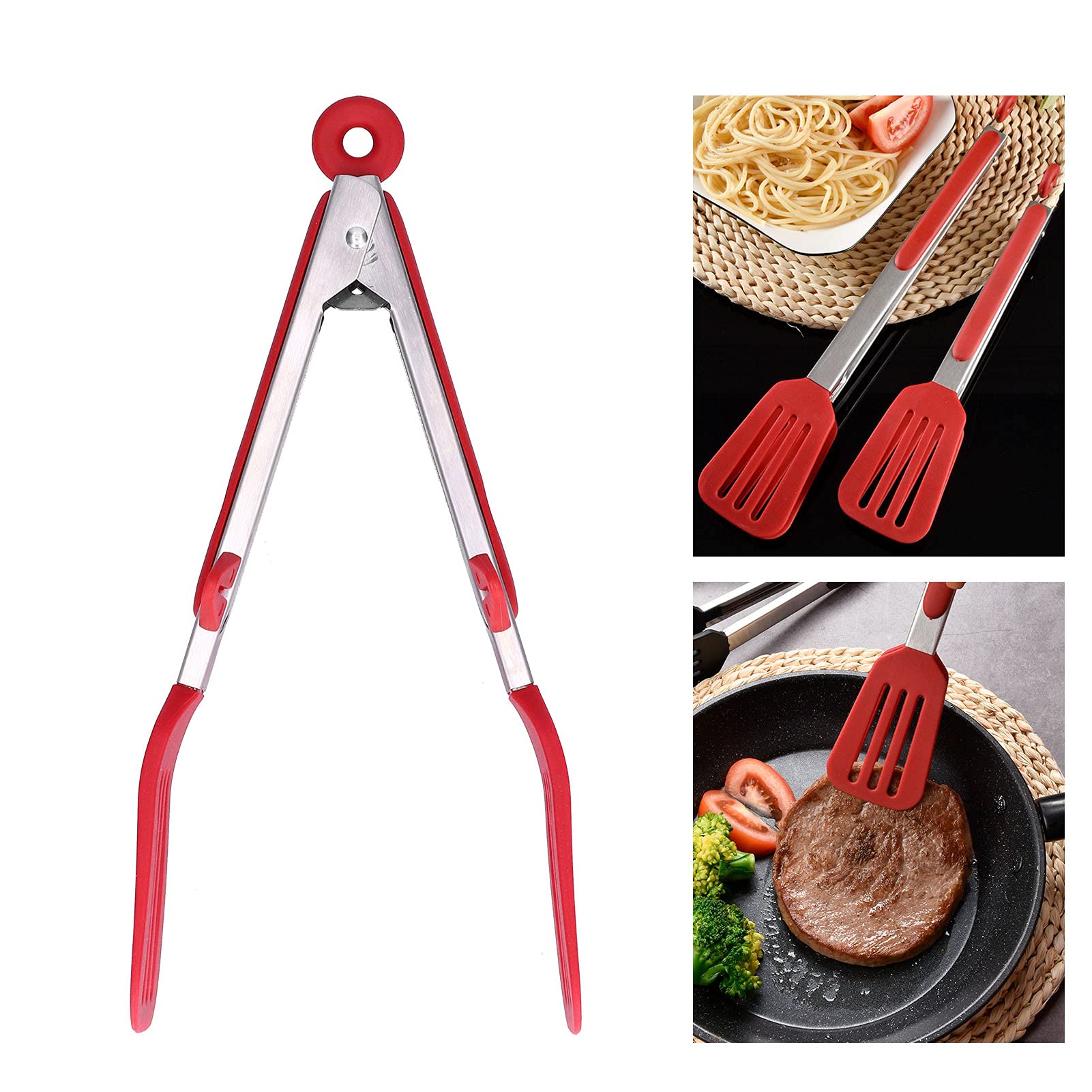 Pinza da Cucina, Pinza in Acciaio Inossidabile con Testa in Silicone, Pinza per Insalata di Pasta e Bistecca Barbecue da 9 12 Pollici per Cucinare Alla Griglia(9 pollici rosso