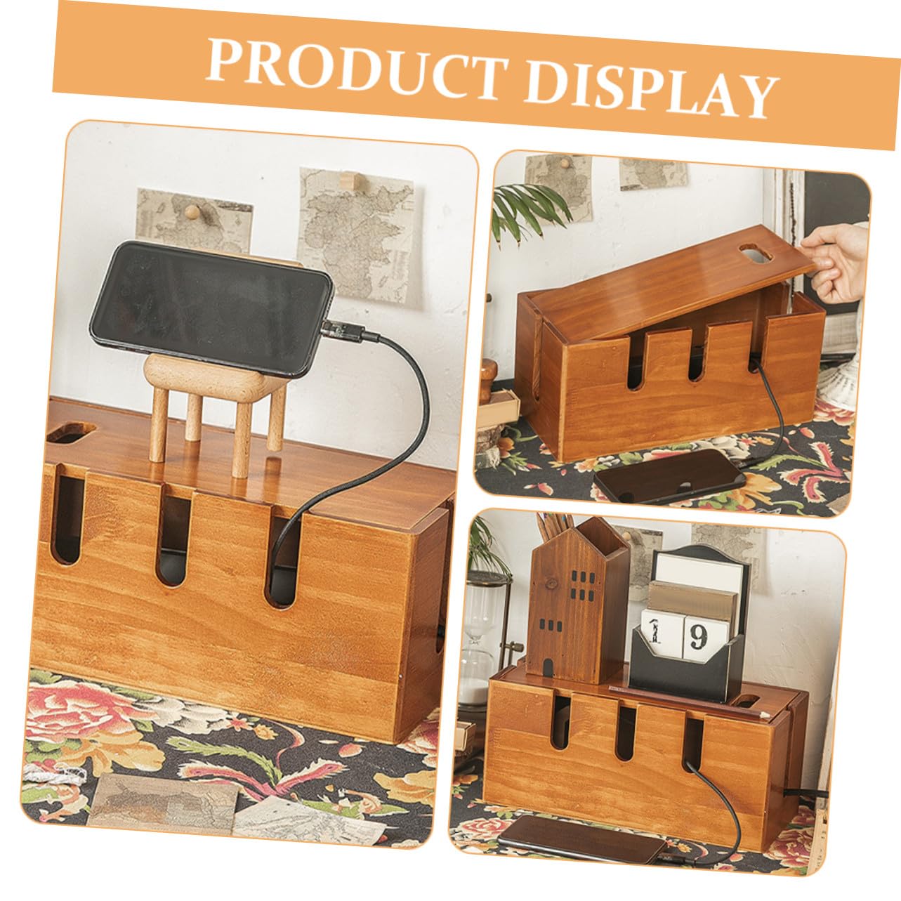 Veemoon Scatola Organizer per Gestione Cavi in Legno Massello Custodia per Passa Cavi da Scrivania Contenitore Multiuso per Alimentatori Caricabatterie e Prolunghe Design Classico