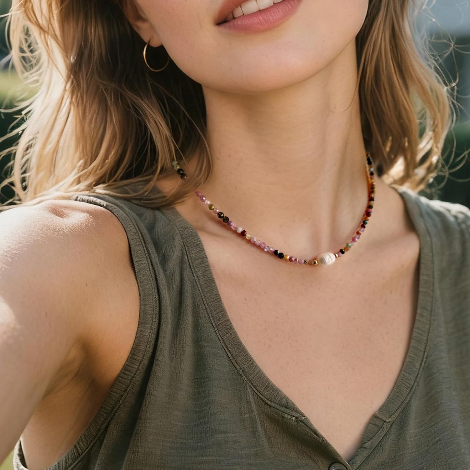 Crystal Beaded Necklace for Women Gemstone Necklace with Single Freshwater Pearl Colorful Beaded Necklaces for Women Trendy Natural Stone Choker - Image 4