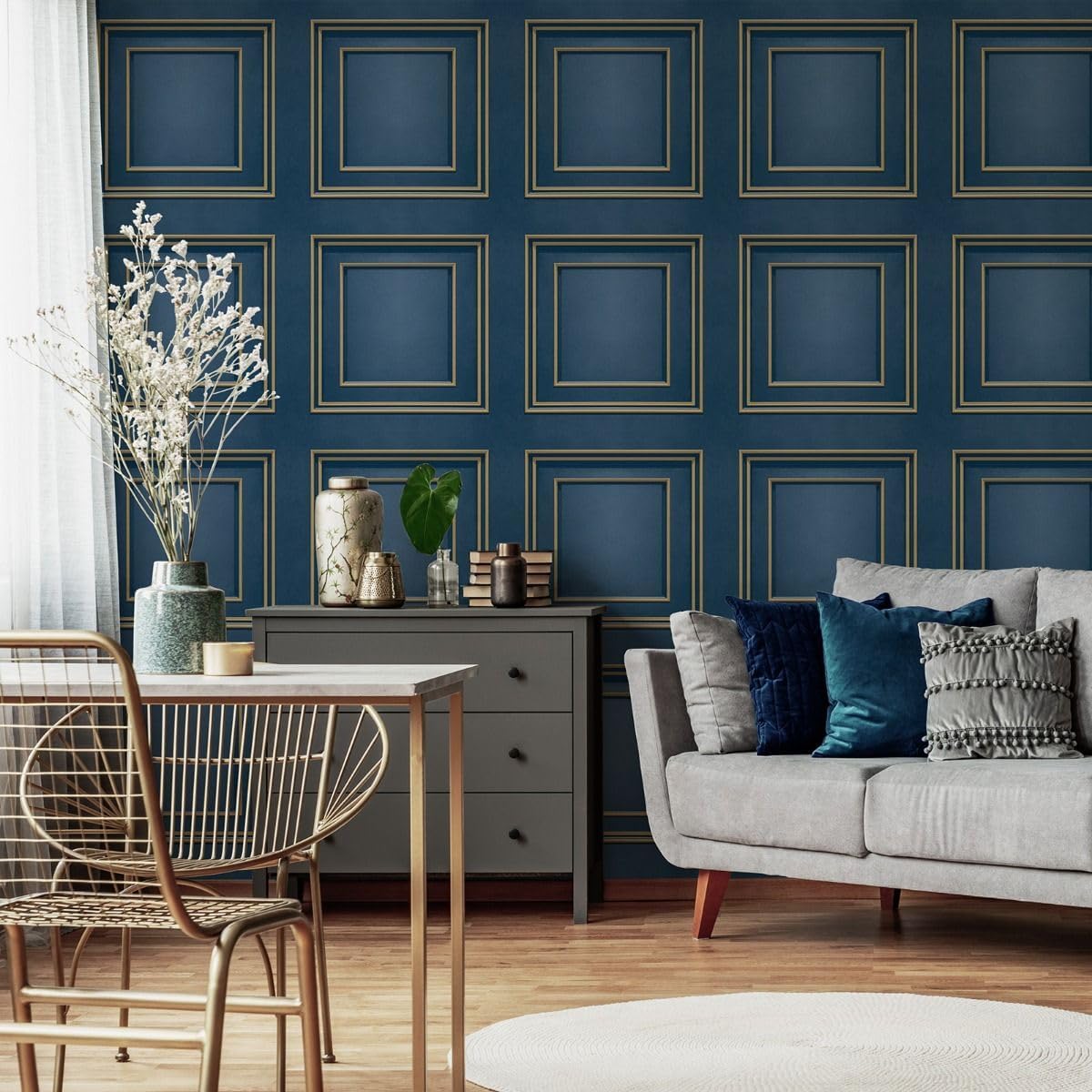 World of Wallpaper Forbidden Fruit Panel - Modern Luxury Wallpaper for Living Room & Bedroom - Navy Blue/Gold
