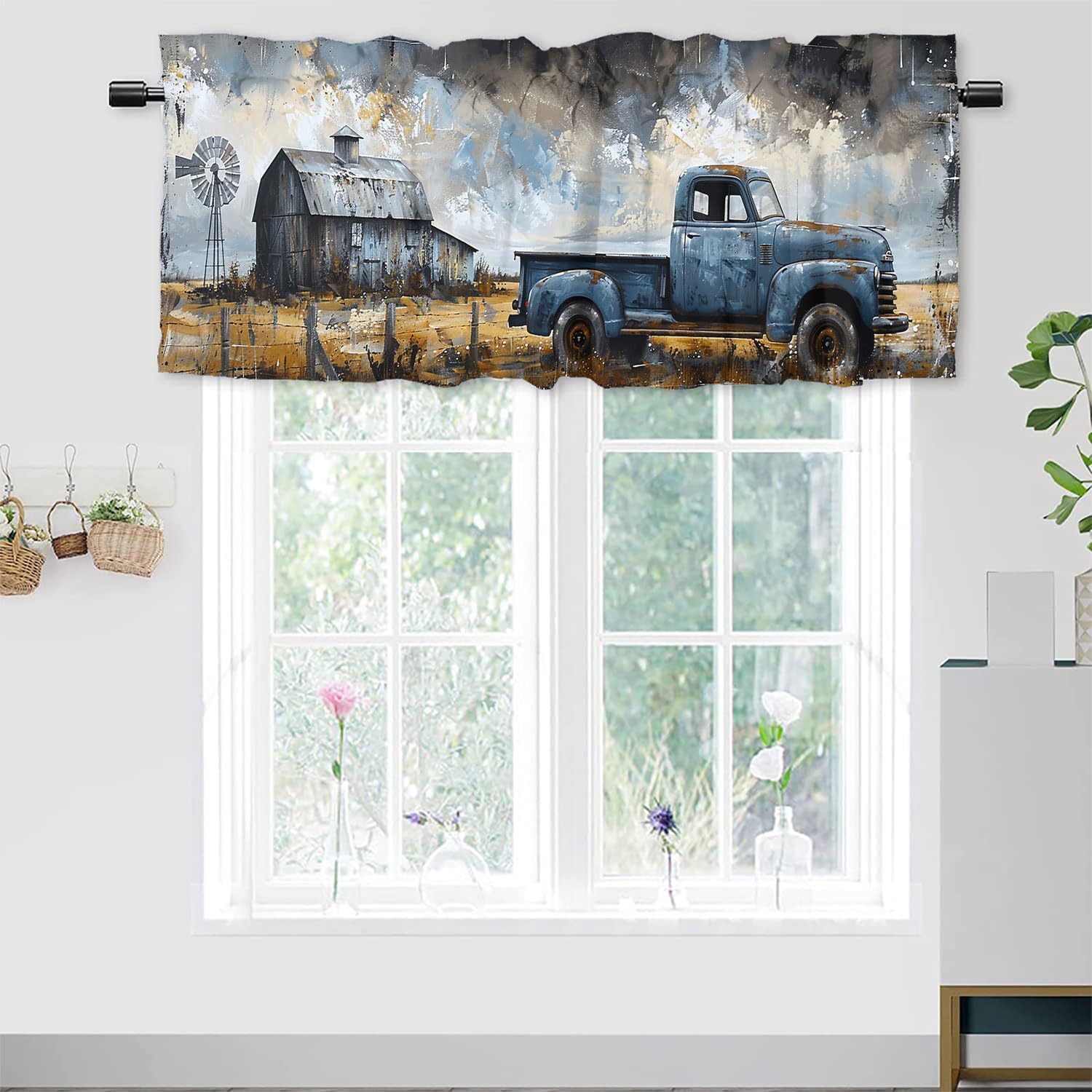 Old Truck Valances Curtains Rustic Wooden Barn Windmill Vintage Blue Car Farmhouse Country Scenery Rod Pocket Window Valance for Kitchen Living Room Bathroom Home Decoration 54 x 18 Inch, 2 Panel