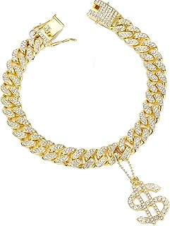 Glitter King Gold Dog Collar 14mm/20mm Cat Puppy Chain Zircon Cuban Link Chain Handmade Iced Out 14K 18K Diamond Exaggerated Dollar Pendant Full Cz Prong Set Pet Jewelry