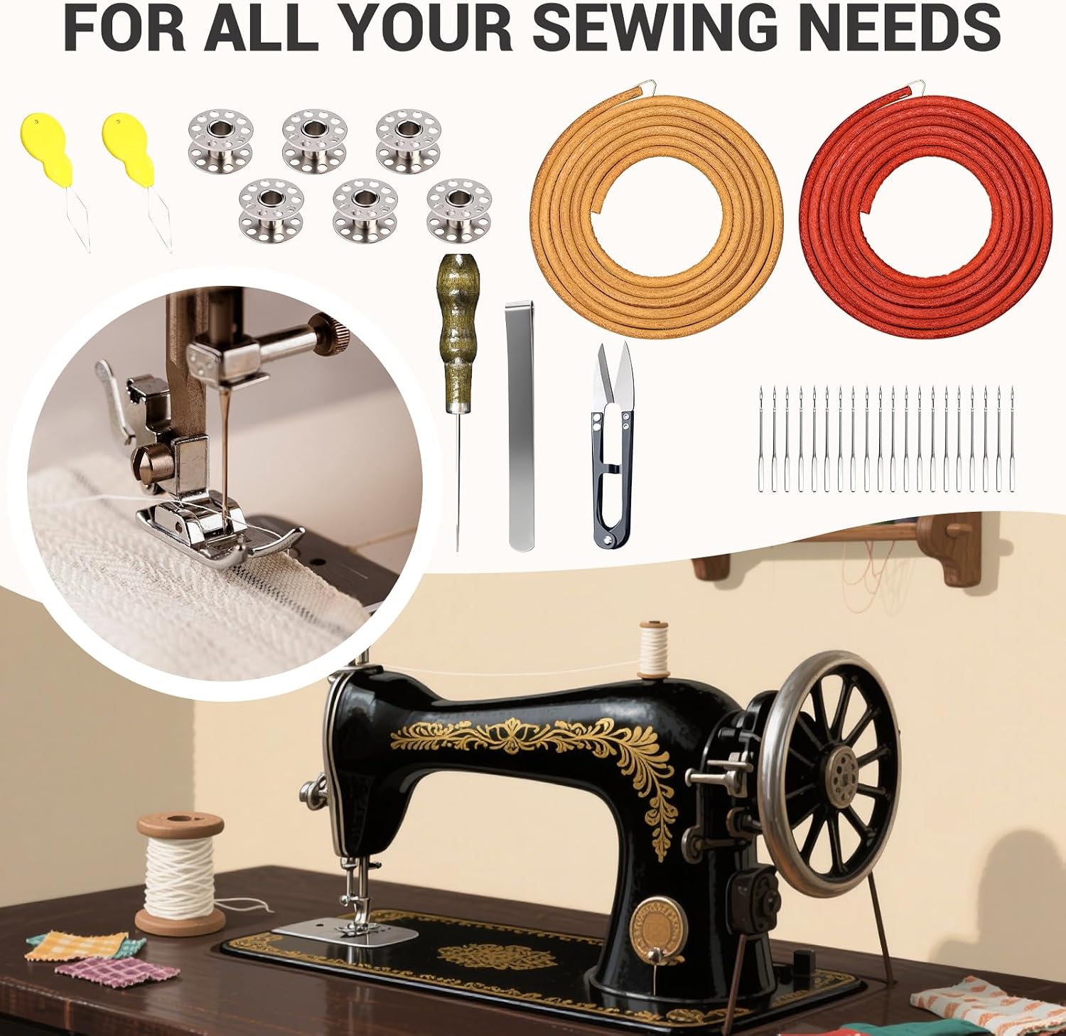 2 PCS Treadle Sewing Machine Belt, 72 Inch 3/16" Replacement Leather Belt with Hook for Singer/Jones Sewing Machine - 31 PCS Accessories Included