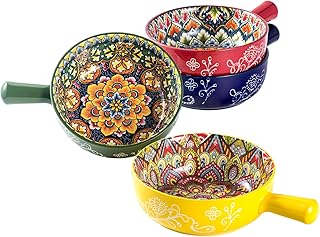 Bol à Soupe avec Poignée, Bols à Céréales/Marmite à Soupe en Céramique pour Céréales/Pâtes/Oignons français, Saladier passe au Micro-ondes et Four- Style Bohème