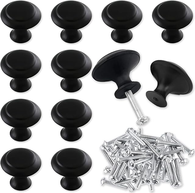 Acehome 12 Pack Flat Cabinet Round Knob with Mounting Screws, Matte Black Metal Kitchen Cabinet Pulls Door Drawer Handles Knobs for Dresser Drawers, 1 Inch (27mm)