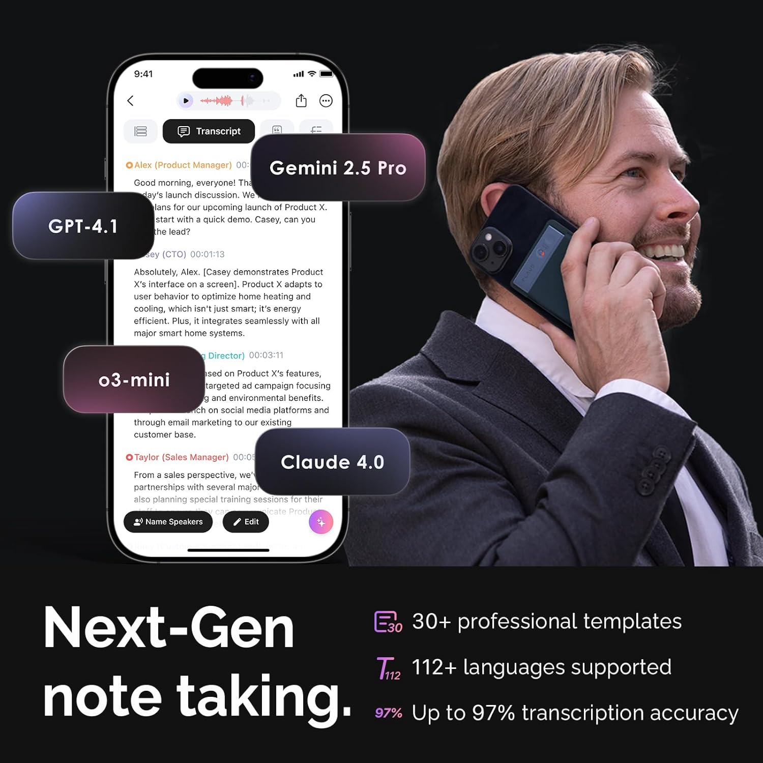 Screenshot of the PLAUD AI app showing transcription, summary, and mind-map features with AI models listed.