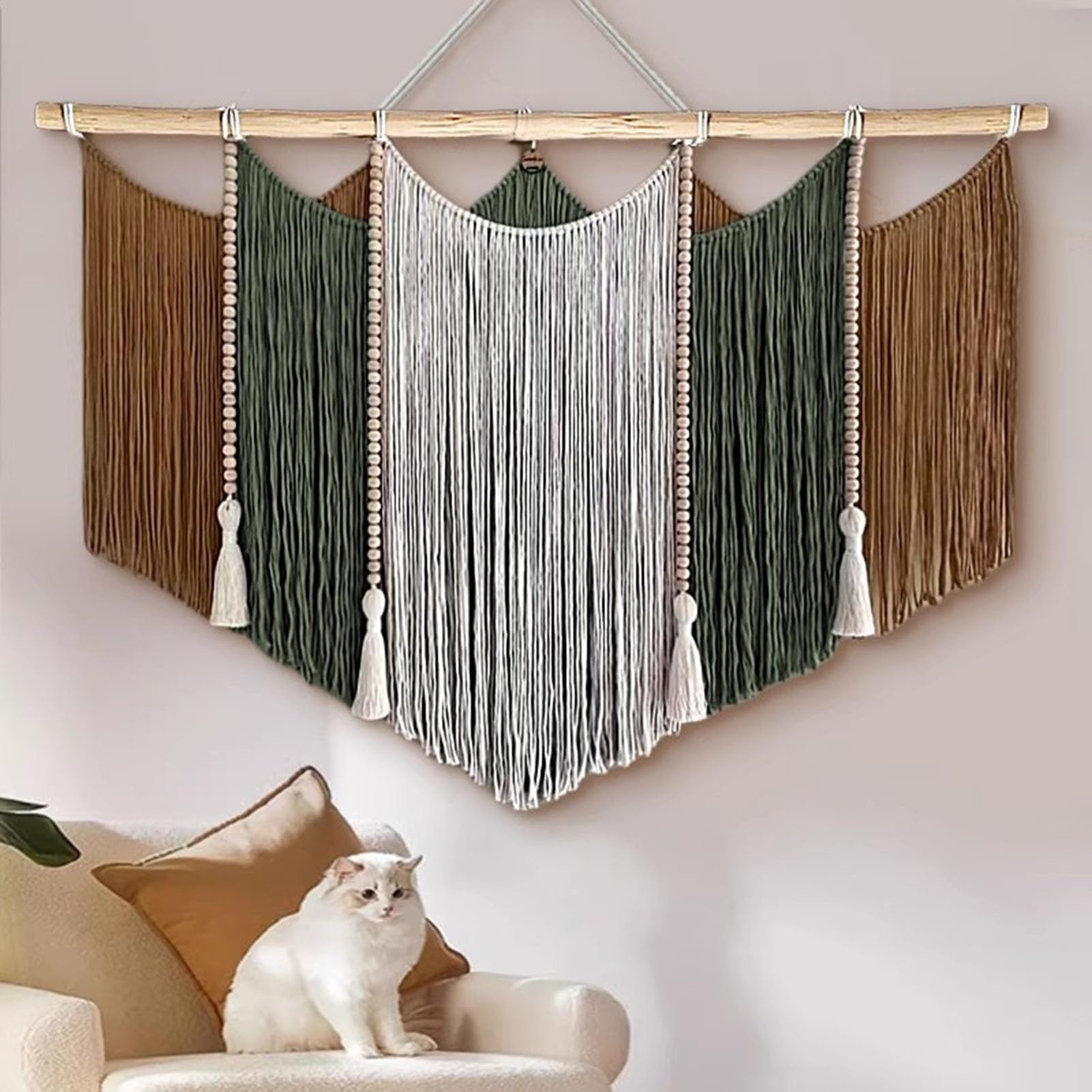 Tapices Macramé Tapices de pared grandes tejidos a mano, decoración para el hogar con borlas tejidas con cuerda de algodón y cuentas de madera.