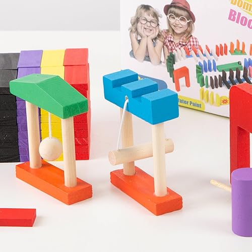 Miniatura 4 de MCPINKY Juego de 204 bloques de dominó, kit de inicio de dominó de madera colorida, bloques de dominó de carreras, juego de azulejos de carreras,