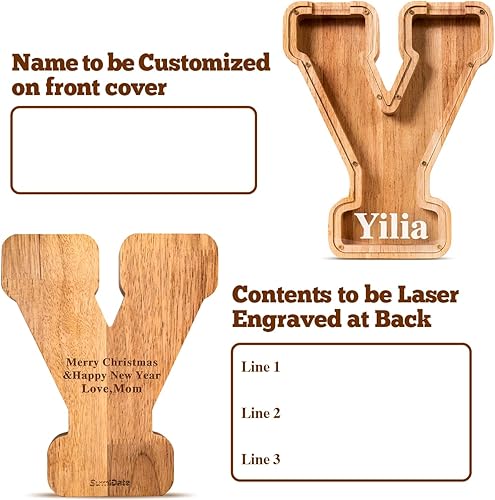 Miniatura 400 de SummiDate Alcancía de madera con nombre, niños y niñas, tamaño grande, letras alfabeto A-Z, monedas y billetes, inicial en cubierta transparente